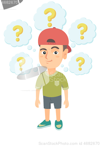 Image of Thinking caucasian boy with question marks.