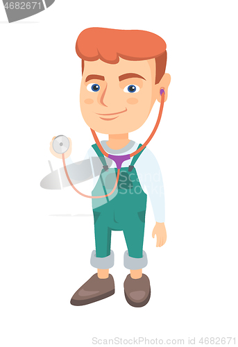 Image of Caucasian boy in doctor coat holding a stethoscope