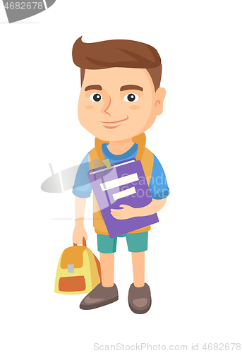 Image of Caucasian pupil with backpack and textbook.