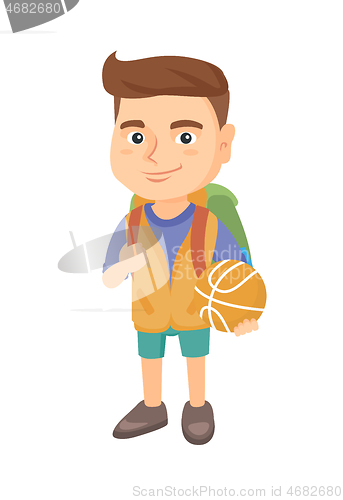 Image of Schoolboy with backpack holding a basketball.