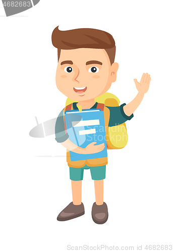 Image of Schoolboy holding a book and waving his hand.