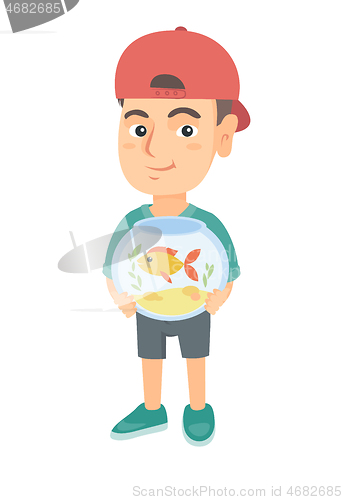 Image of Caucasian boy holding aquarium with goldfish.