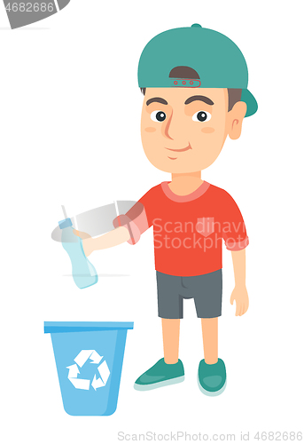 Image of Boy throwing plastic bottle in recycle bin.