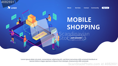 Image of Isometric mobile shopping online landing page.