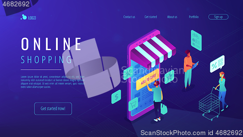 Image of Isometric online shopping landing page.