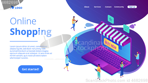 Image of Isometric online shopping and buying landing page.