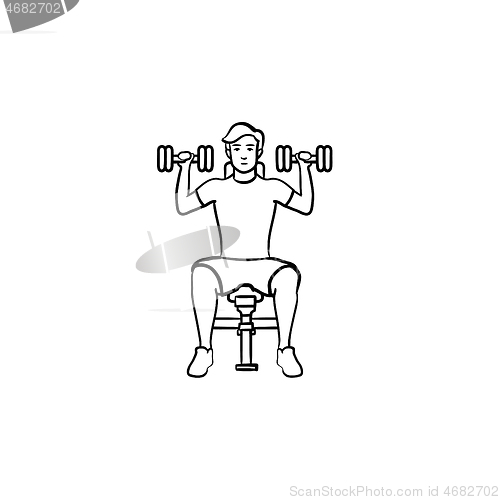 Image of Young man with dumbbells hand drawn outline doodle icon.