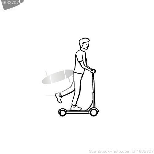 Image of Man on kick scooter hand drawn outline doodle icon.
