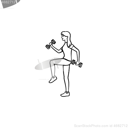 Image of Woman with dumbbells hand drawn outline doodle icon.