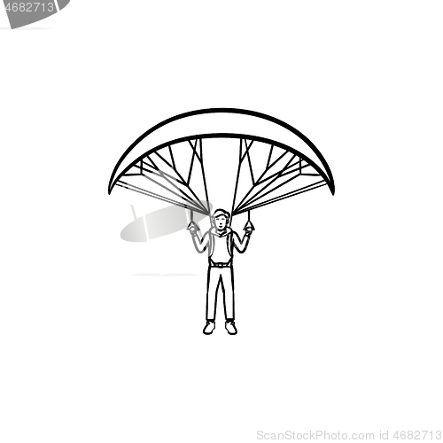 Image of Skydiver with parachute hand drawn outline doodle icon.