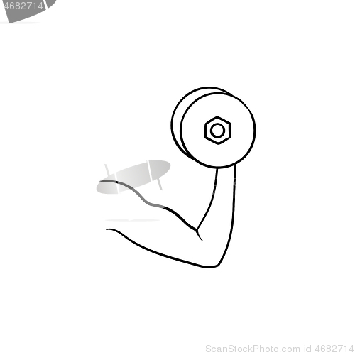 Image of Arm with dumbbell hand drawn outline doodle icon.