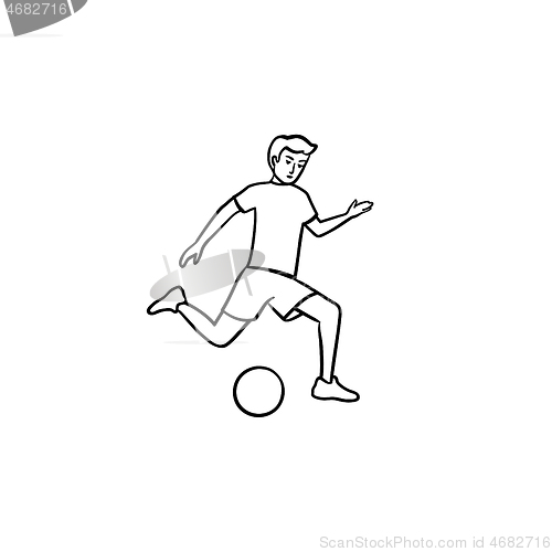 Image of Soccer player with ball hand drawn outline doodle icon.