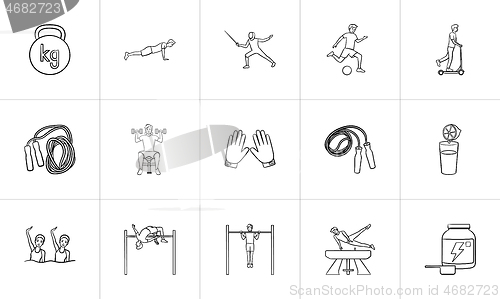 Image of Sports and workout hand drawn outline doodle icon set.