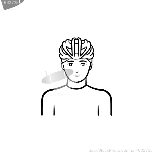 Image of Man in bicycle helmet hand drawn outline doodle icon.