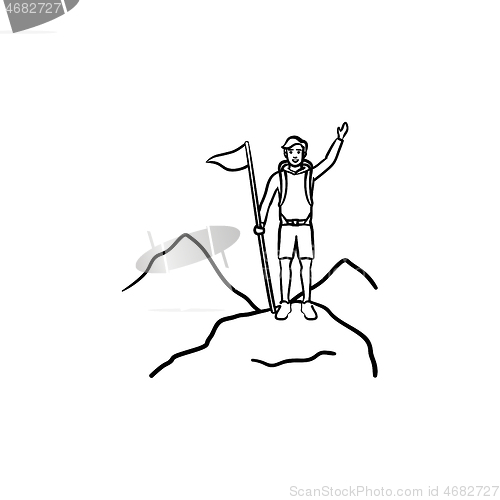 Image of Climber with flag standing on mountain top hand drawn outline doodle icon.