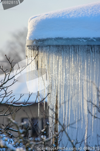 Image of Roof with icicles hanging from roof.