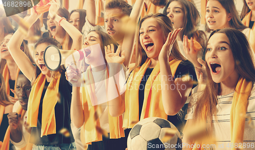 Image of Group of happy fans are cheering for their team victory.