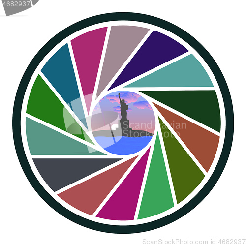 Image of aperture of a camera of different colors with a statue of libert