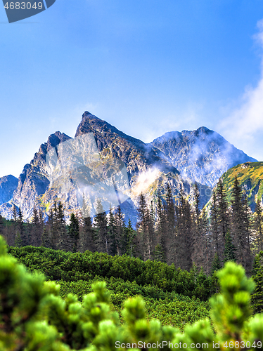 Image of Polish Tatra mountains summer landscape with blue sky and white clouds.