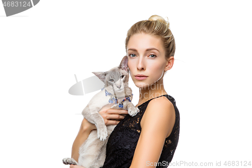 Image of Beautiful girl with oriental siam cat