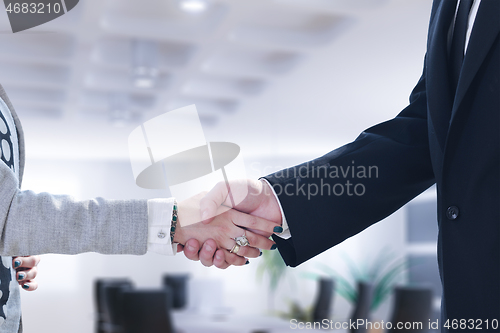 Image of Businessman and businesswoman shaking hands after meetup