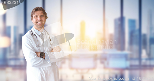 Image of Doctor of medicine on blurred office background