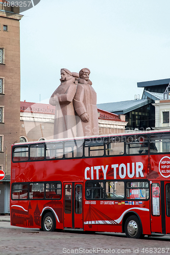 Image of Tourist bus in downtown Riga.