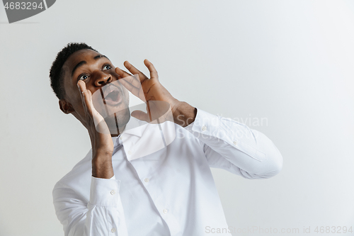 Image of Wow. Attractive male half-length front portrait on grey studio backgroud. Young afro emotional surprised bearded man standing with open mouth. Human emotions, facial expression concept.