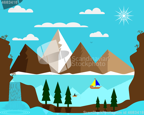 Image of mountains sun lake boat fisherman