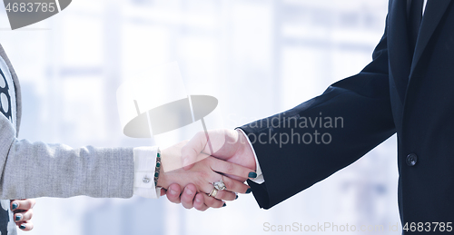 Image of Businessman and businesswoman shaking hands after meetup