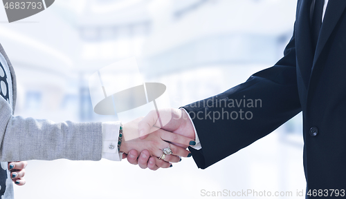 Image of Businessman and businesswoman shaking hands after meetup