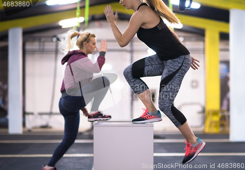 Image of athletes working out  jumping on fit box