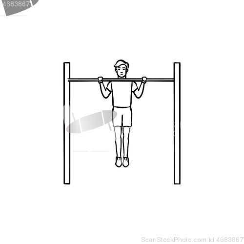 Image of Man doing pull-ups hand drawn outline doodle icon.