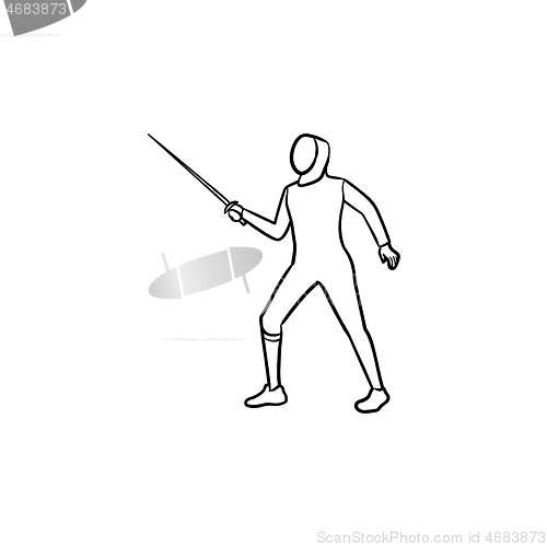 Image of Fencing man hand drawn outline doodle icon.