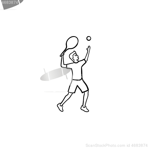 Image of Man playing big tennis hand drawn outline doodle icon.