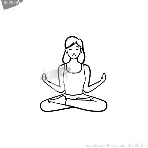 Image of Woman in yoga lotus pose hand drawn outline doodle icon.