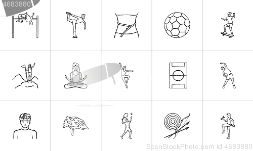 Image of Sports and fitness hand drawn outline doodle icon set.