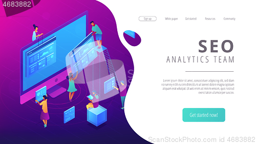 Image of Isometric SEO analytics team landing page.