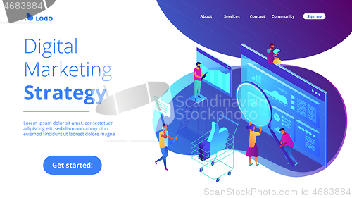 Image of Isometric digital marketing strategy landing page.