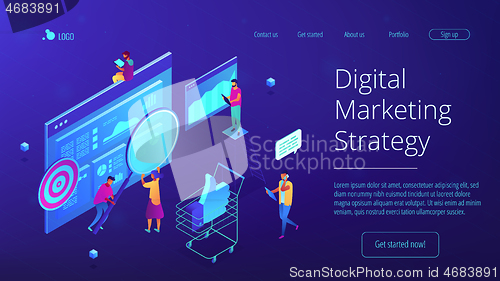 Image of Isometric digital marketing strategy landing page.