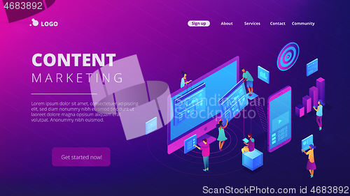 Image of Isometric content marketing landing page.