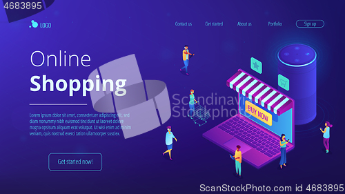 Image of Isometric online shopping and voice assistant landing page.