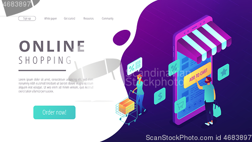 Image of Isometric online shopping and buying landing page.