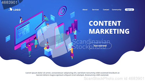 Image of Isometric content marketing landing page.