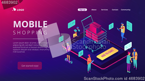 Image of Isometric mobile shopping and buying landing page.