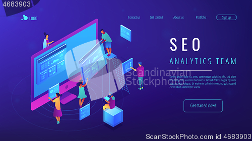 Image of Isometric SEO analytics team landing page.