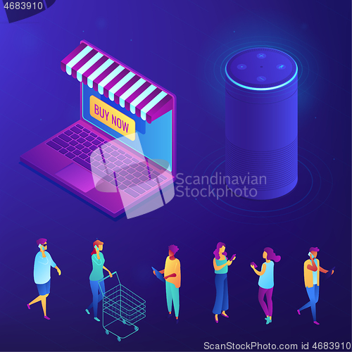 Image of Online shopping and buying with smart speaker isometric set.