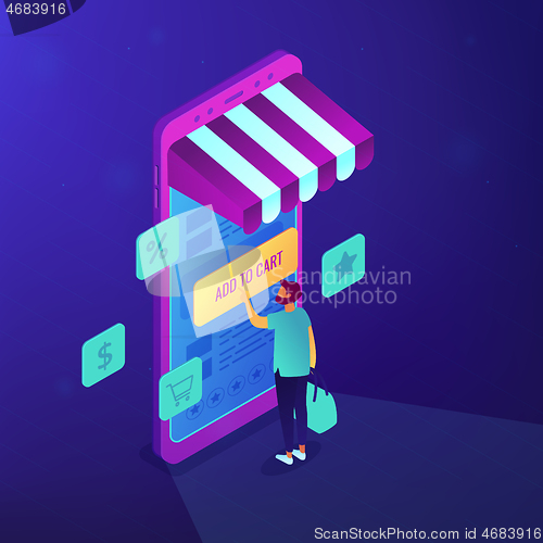 Image of Isometric mobile shopping illustration.