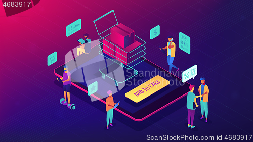 Image of Isometric mobile shopping and purchase illustration.