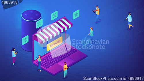 Image of Isometric online shopping and smart speaker illustration.